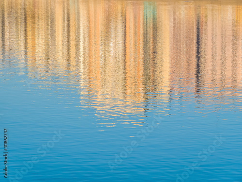 Abstract water reflection picture. Apartment buildings reflecting in the waters of a lake.