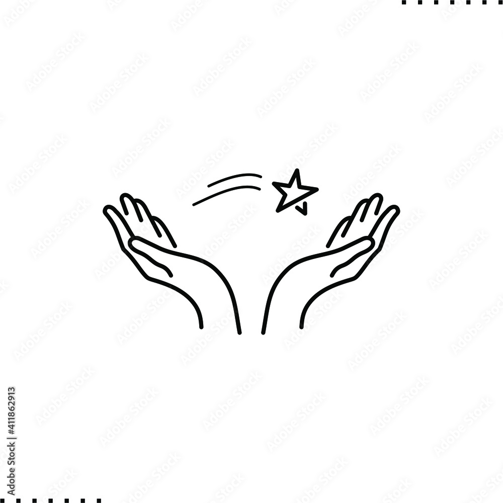 Obraz premium Invention, female hands, shooting star, make a wish vector icon in outline