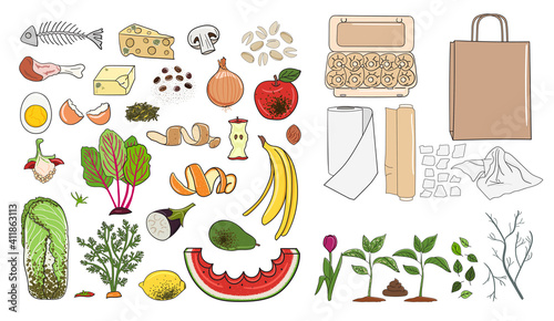 Set of organic waste - fruits, eggshell, vegetables, food leftovers, paper, garden greens. Recycling organic waste. Compost concept. Farming and agriculture