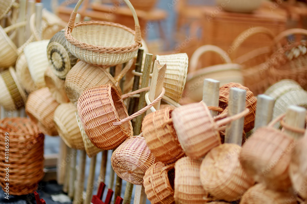 Various baskets sold on Easter market in Vilnius. Annual spring fair hold in March on the streets of capital of Lithuania.
