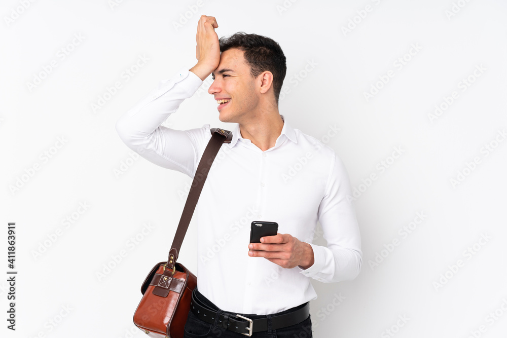 Young handsome businessman on isolated background has realized something and intending the solution Young handsome businessman on isolated background has realized something and intending the solution