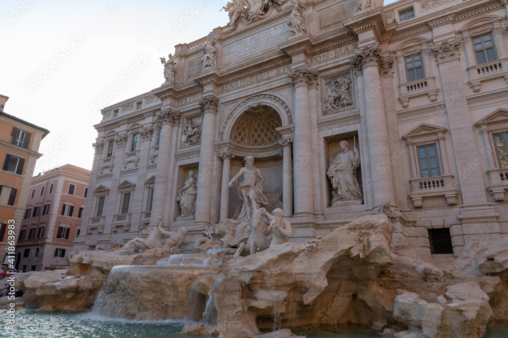Panoramic view of Trevi Fountain in the Trevi district in Rome