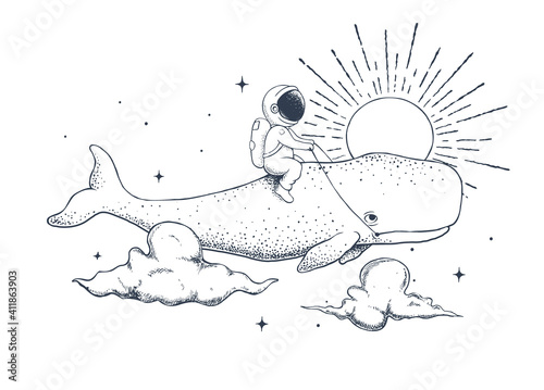 astronaut flying on a cachalot