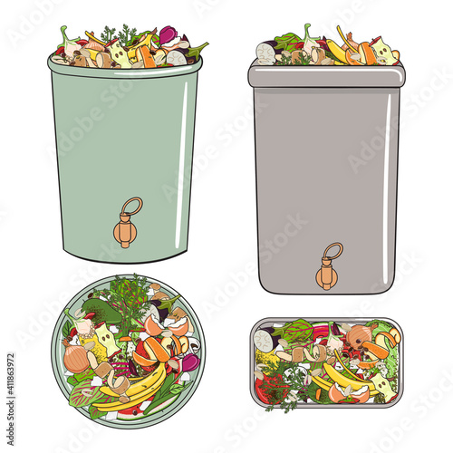 Set of composting bins with kitchen scraps, fruits and vegetables. No food wasted. Recycling organic waste, compost. Sustainable living, zero waste concept.