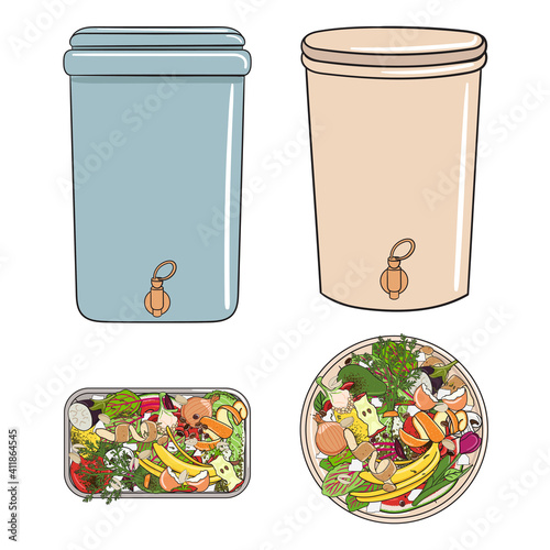 Set of composting bins with kitchen scraps, fruits and vegetables. No food wasted. Recycling organic waste, compost. Sustainable living, zero waste concept.