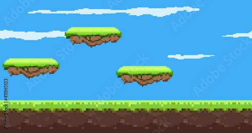 Animation of old style pixel game. Pixel art game background. Ground, grass, sky, tree and stars. Pixel art Game Design 8 bit video vector 