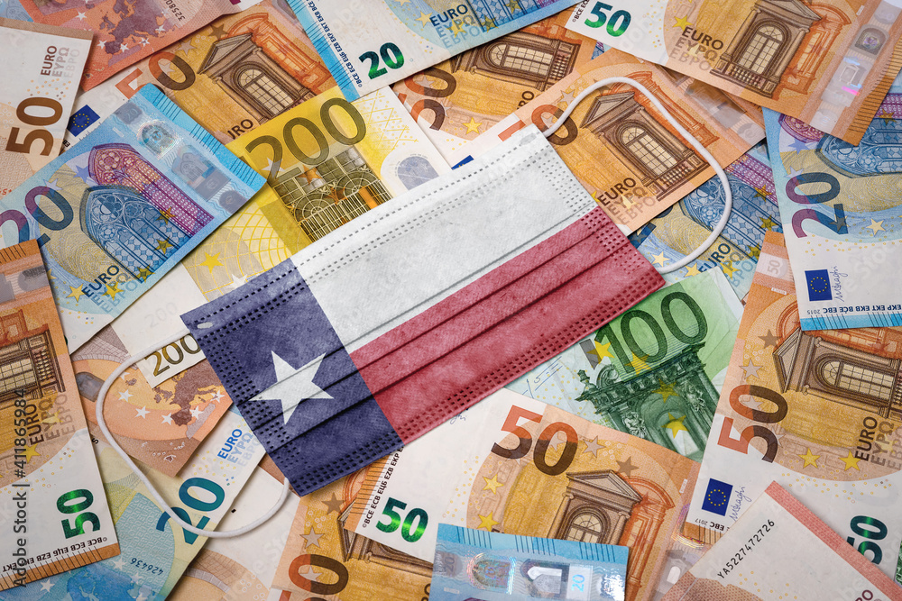 Medical mask with the flag of Texas on a variety of european banknotes.(series) Medical mask with the flag of Texas on a variety of european banknotes.(series)