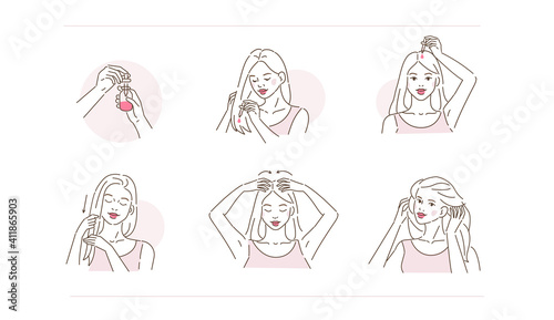 Beauty Girl Take Care of her Damaged Hair and Applying Treatment Serum on Hair Roots and Tips. Woman Making Haircare Procedures. Beauty Haircare Routine. Flat Line Vector Illustration and Icons set. 