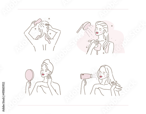 Beauty Girl Taking Care about her Skin and making Spa Procedures. Woman Taking a Shower in her Bathroom, Applying Cream at her Face, Drying Hair. Flat Line Vector Illustration and Icons set.