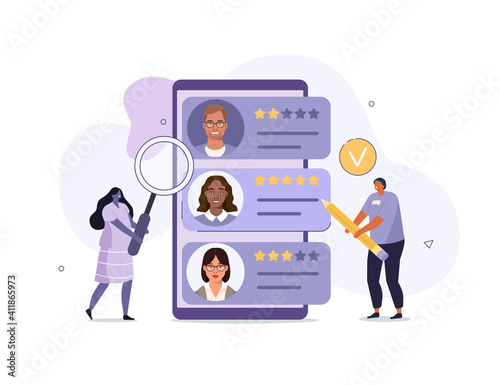 People Characters Choosing Best Candidate for Job. Hr Managers Searching New Employee. Recruitment Process. Human Resource Management and Hiring Concept. Flat Cartoon Vector Illustration.
