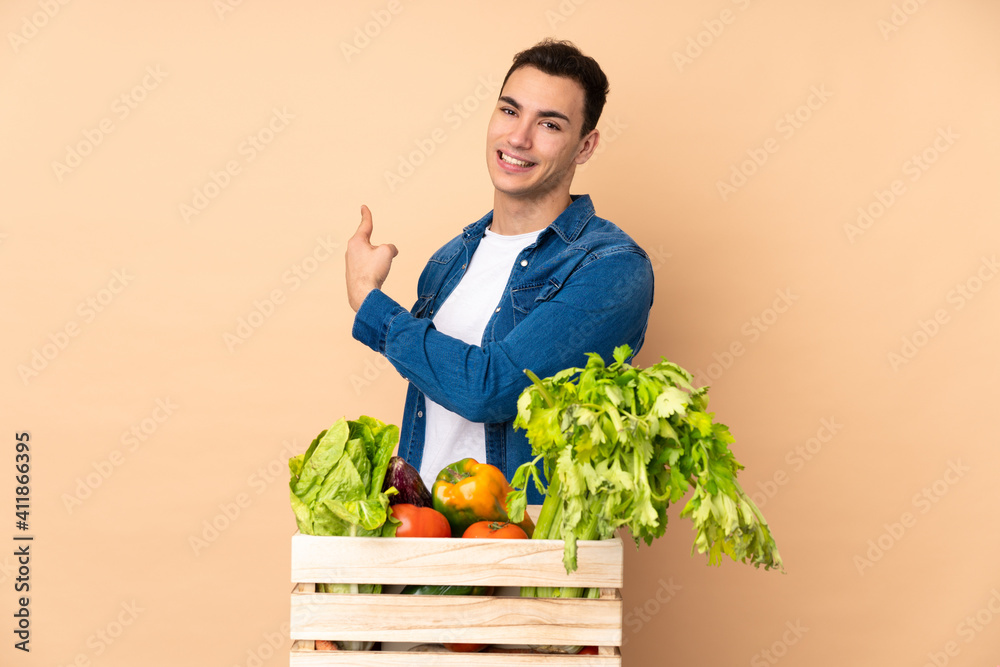 Farmer with freshly picked vegetables in a box isolated on beige background pointing back Farmer with freshly picked vegetables in a box isolated on beige background pointing back