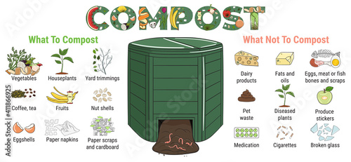 Infographic of garden composting bin with scraps. What to or not to compost. No food wasted. Recycling organic waste, compost. Sustainable living, zero waste concept