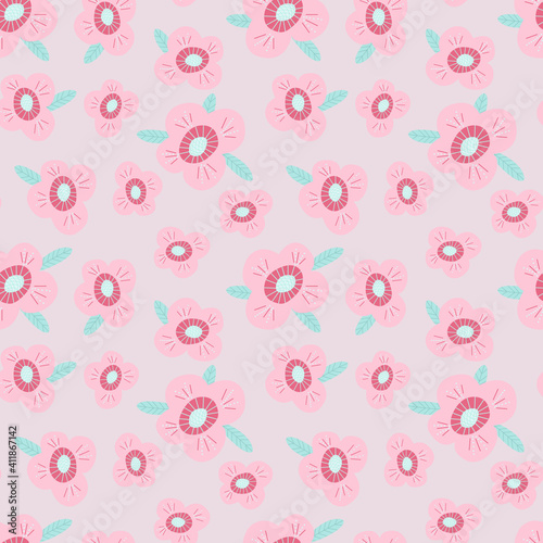 Vector seamless pattern with stylized delicate pink flowers with green leaves. The design is great for wallpapers  scrapbooking  summer and wedding designs  packaging  textiles  fabrics  bedding