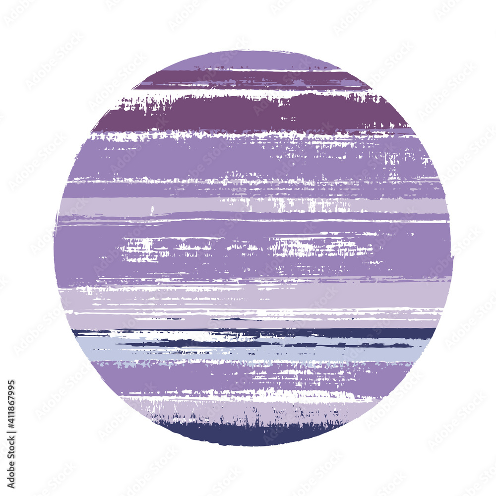 Modern circle vector geometric shape with stripes texture of ink horizontal lines. Old paint texture disk. Emblem round shape logotype circle with grunge stripes background.