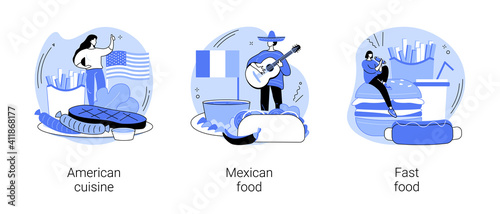 National cuisine abstract concept vector illustration set. American cuisine, mexican and fast food, barbecue dish, burrito recipe, chain restaurant, snack menu, takeout meal abstract metaphor.