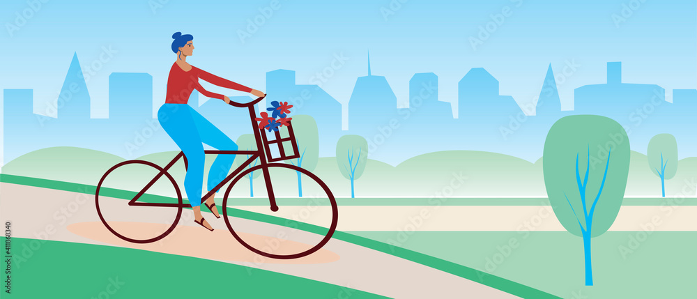 Fototapeta premium Woman on bike riding in the park, template with copy space, flat vector illustration with cyclist in nature