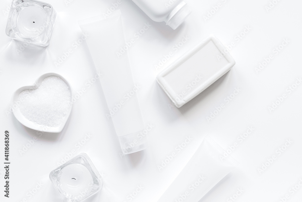 white set of cosmetic creams for spa on table top view mockup white set of cosmetic creams for spa on table top view mockup