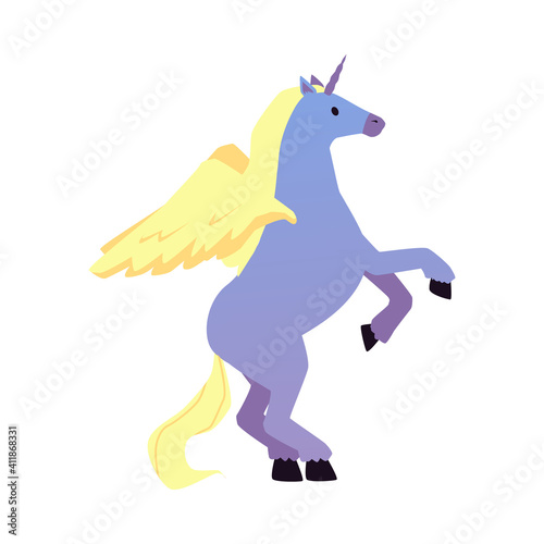 Cartoon pony with unicorn horn and pegasus wings in prancing pose
