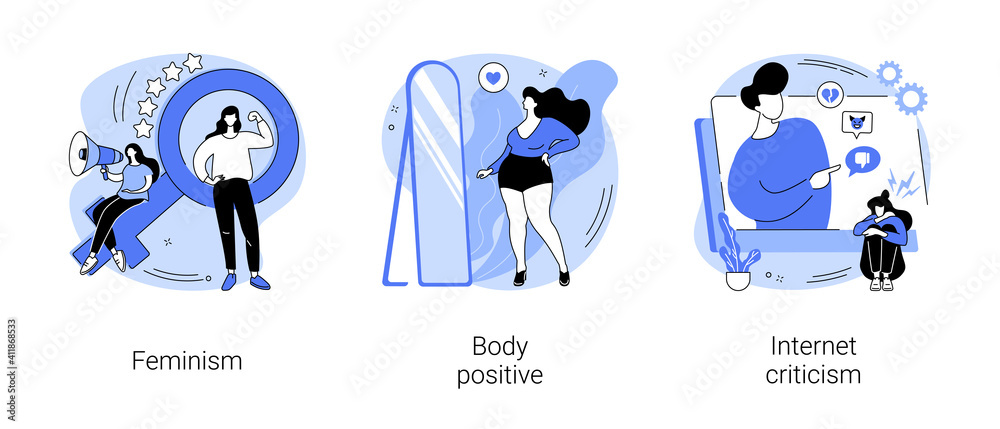 Social activism abstract concept vector illustration set. Feminism, body positive, internet criticism, girl power, gender equality, plus size brand promotion, troll message abstract metaphor.