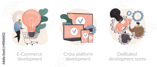 Remote developers team abstract concept vector illustration set. E-commerce development, cross-platform, dedicated team, web application, software environment, operating system abstract metaphor.