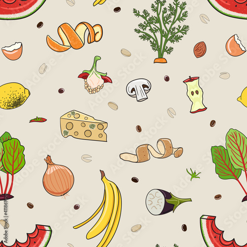 Seamless pattern with organic waste. Leftovers, spoiled products, kitchen scraps, fruit, vegetables. Farming and agriculture. Home composting and zero waste concept