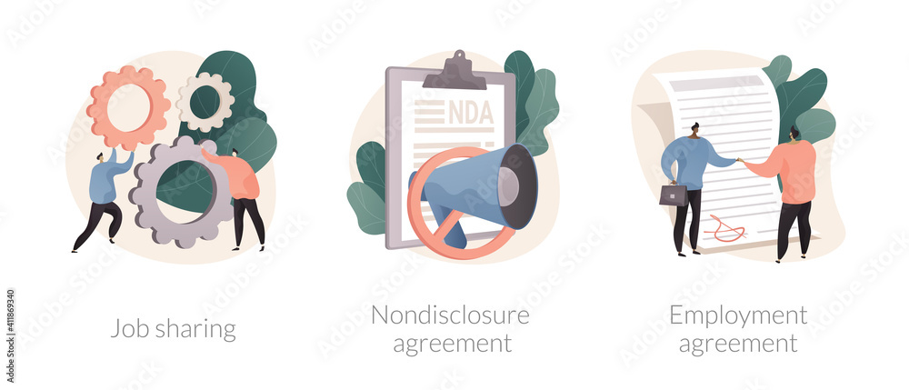 Working terms abstract concept vector illustration set. Job sharing, nondisclosure agreement, employment agreement, part time job, confidential information, financial relations abstract metaphor. Working terms abstract concept vector illustration set. Job sharing, nondisclosure agreement, employment agreement, part time job, confidential information, financial relations abstract metaphor.