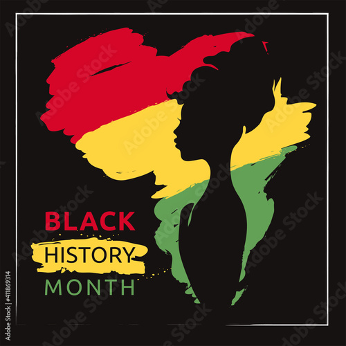 Black history month -- poster. Black woman on the background of the contours of the map of Africa. Vector illustration.