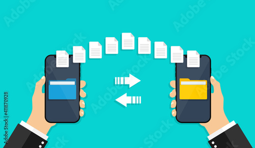 Transfer file from phone to phone. Share data between folder in mobiles. Upload, share of file or folder with documents. Online backup in smartphone. Connection, exchange files in cellphone. Vector.
