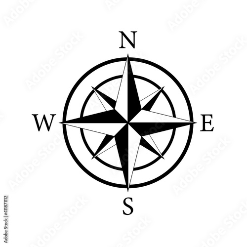 Compass icon. Nautical compass for travel with sign of north, south, west, east. Logo for map and navigation. Symbol of direction adventure. Arrow, dial for orientation of latitude, longitude. Vector