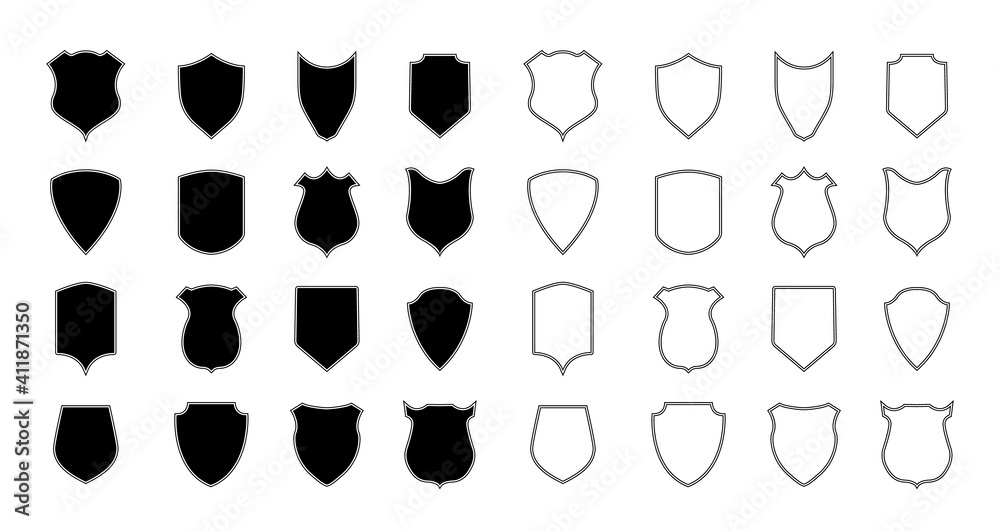 Shield police. Police badge and crest. Outline shape of shield for coat. Logo for arms, security, soccer and army. Emblem of football club. Icon with silhouette for heraldic military label. Vector Shield police. Police badge and crest. Outline shape of shield for coat. Logo for arms, security, soccer and army. Emblem of football club. Icon with silhouette for heraldic military label. Vector