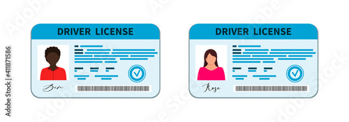 Driver license. Card of driver licence with id. Document with identity of drive, photo. Icon for identification of driver, car. Profile of person of woman, man on plastic international card. Vector.