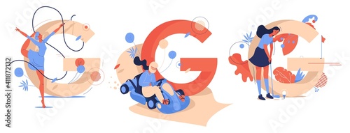 Sport G letters with women training gymnastics, go-carting and golf. Concept illustrations with capital characters smiling and having fun