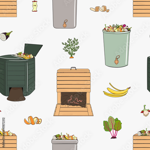 Seamless pattern with garden wood and plastic composters, kitchen scraps. Recycling organic waste. Farming and agriculture. Home composting and zero waste concept