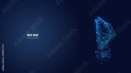 Abstract 3d finger snapping or clicking illustration. Hand gesture, easy concept. Digital vector human wrist, palm in dark blue. Polygonal mesh consists of connected dots, lines, triangles and stars 