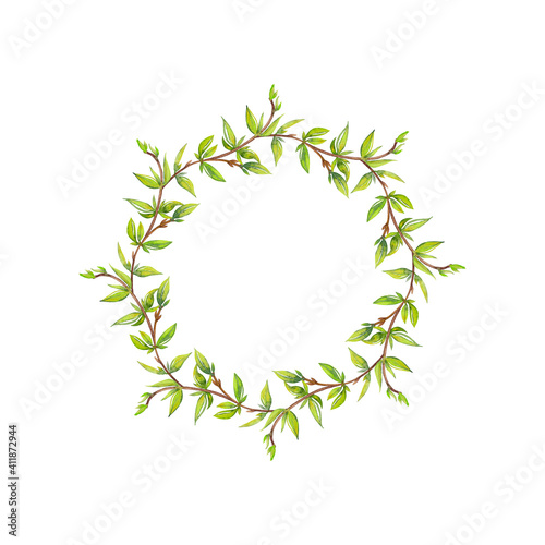Blooming spring wreath of young twigs with green growth leaves. Round delicate Easter or wedding rustic frame. Watercolor hand painted isolated arrangement. 