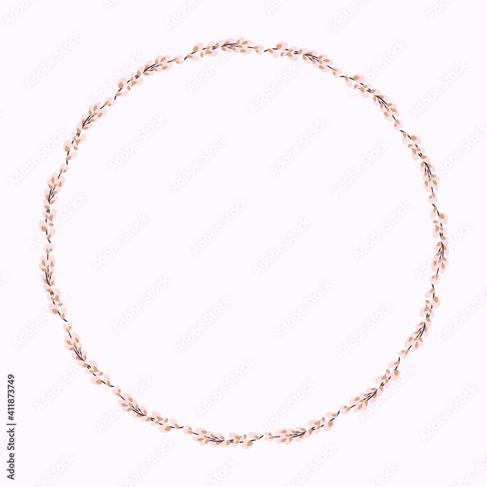 Willow wreath. Round frame made of willow twigs.Easter wreath made of willow stalks.Design for postcards, printing. Willow wreath. Round frame made of willow twigs.Easter wreath made of willow stalks.Design for postcards, printing.