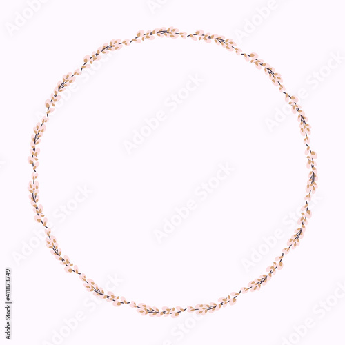 Willow wreath. Round frame made of willow twigs.Easter wreath made of willow stalks.Design for postcards, printing.