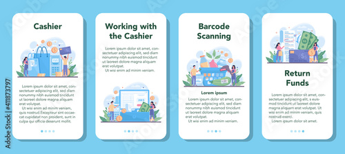 Cashier mobile application banner set. Worker behind the cashier counter
