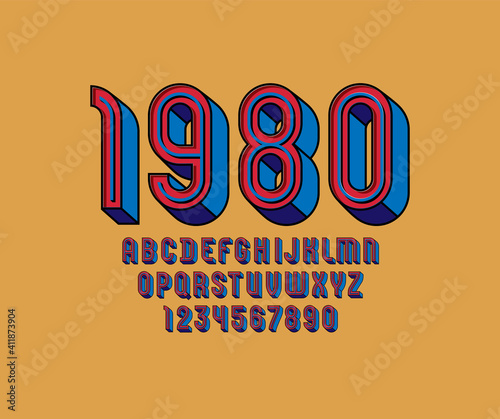 3D Font from retro color, trendy red alphabet with blue line, condensed letters and numbers, vector illustration 10eps