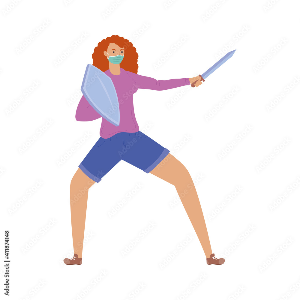 woman with sword and shield fighting vs covid19 woman with sword and shield fighting vs covid19
