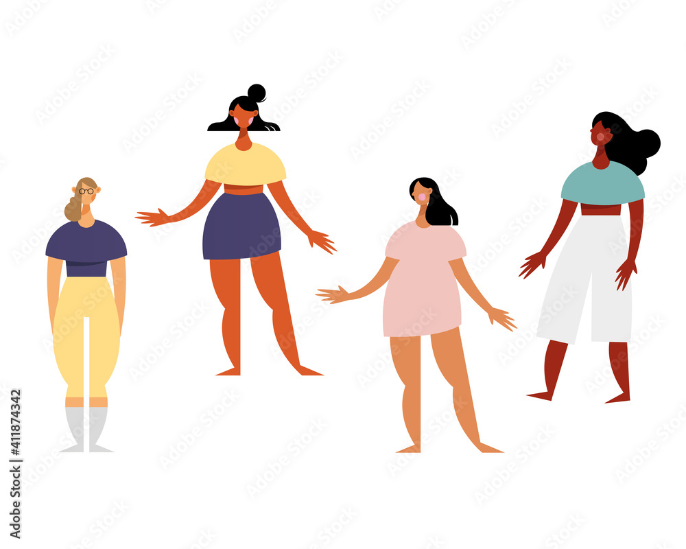 group of four women characters with diferent dresses group of four women characters with diferent dresses