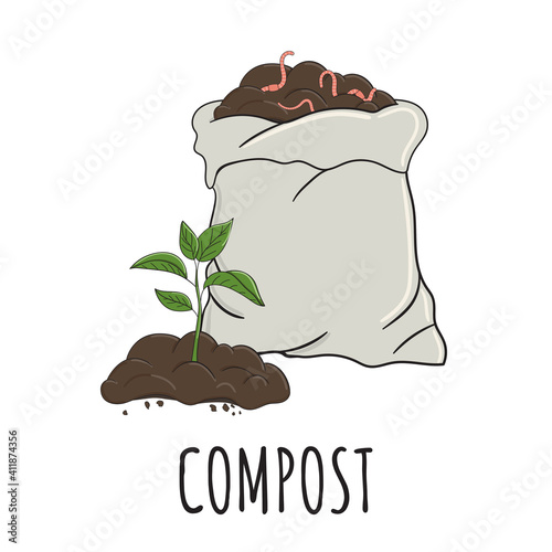 Garden organic fertilizer with sprout. Ready compost pile in sack with worms. Recycling organic waste. Sustainable living concept