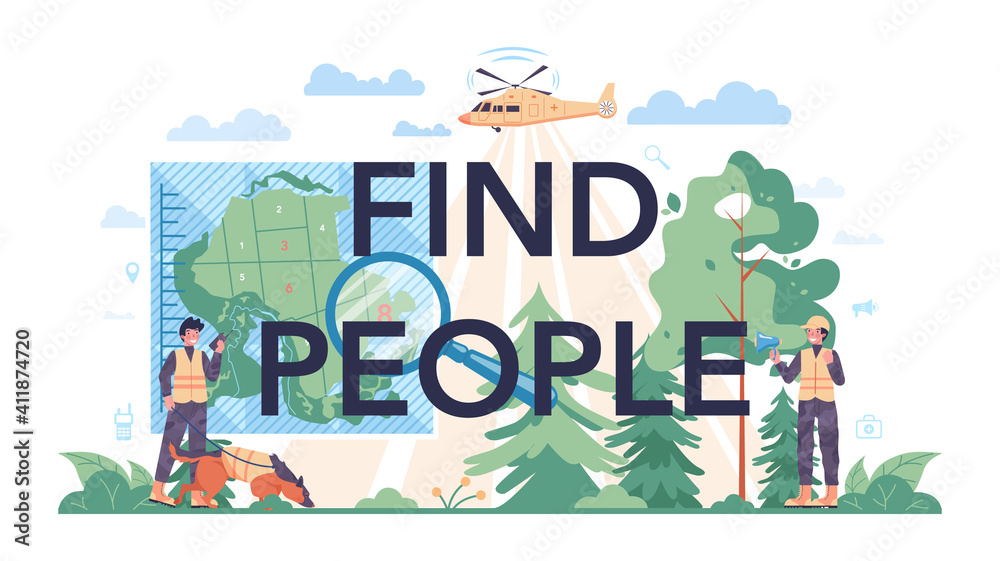 Naklejka premium Find people typographic header. Ambulance lifeguard in uniform
