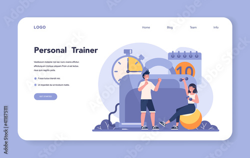 Fitness trainer web banner or landing page. Workout in the