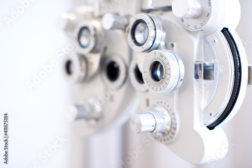 Phoropter, ophthalmic testing device machine, close up, selective focus