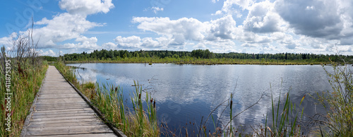 Wanderweg über einen Holzsteg im Moor Schwenninger Moos bei Villingen-Schwenningen, Deutschland - aufgenommen wenige Meter vor der Neckarquelle