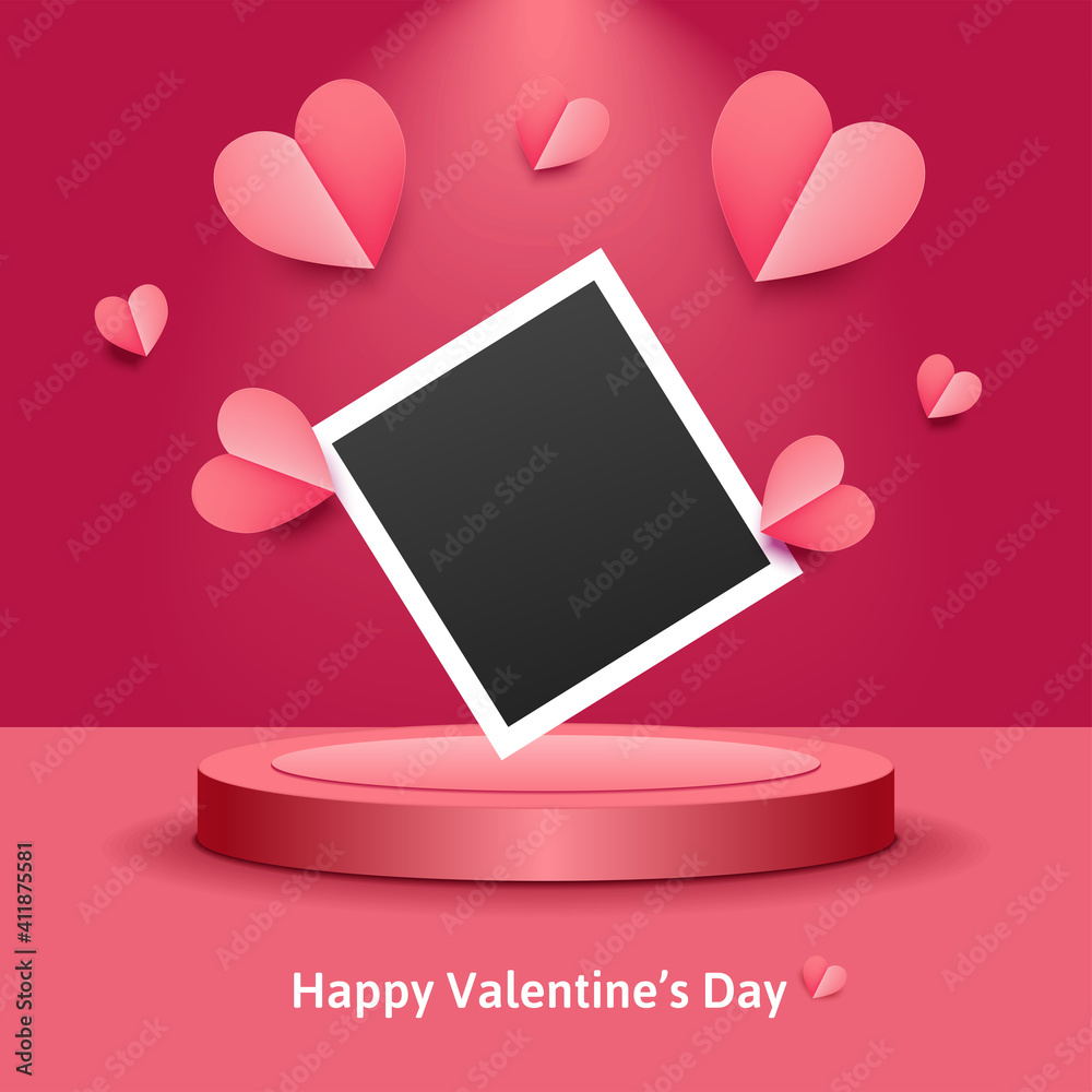 St.Valentine's day design. Realistic pink paper cut hearts. Empty photo frame for your photography or text. Holiday banner, poster, flyer, brochure, greeting card. Vector background with podium, stage St.Valentine's day design. Realistic pink paper cut hearts. Empty photo frame for your photography or text. Holiday banner, poster, flyer, brochure, greeting card. Vector background with podium, stage