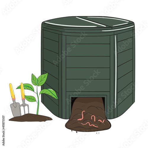 Garden plastic composting bin. Garden fertilizer organic with worms. Recycling organic waste. Sustainable living concept