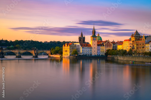 Charles bridge and the old town of Prague at sunset