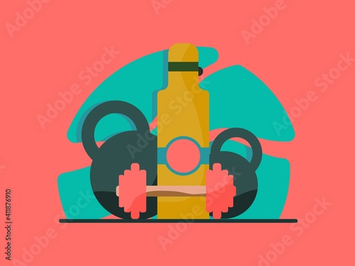 Illustration with dumbbells, kettlebells and nutritious drink. Vector illustration